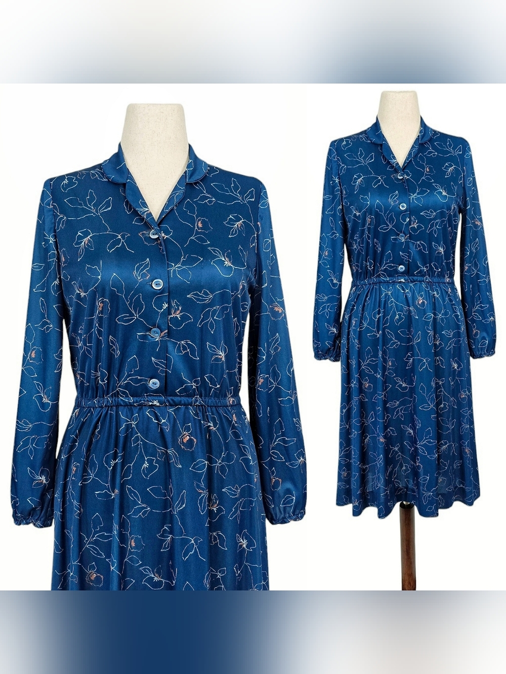 1980s Vintage Dress 80s Shirtwaist Midi Blue V Neck Long Sleeve Medium Large M/L